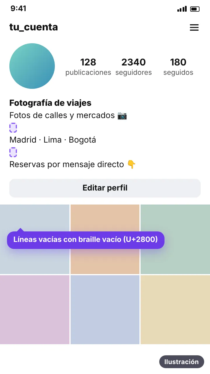 Ilustración de un perfil de red social con la bio separada en párrafos gracias al braille vacío U+2800 en las líneas vacías