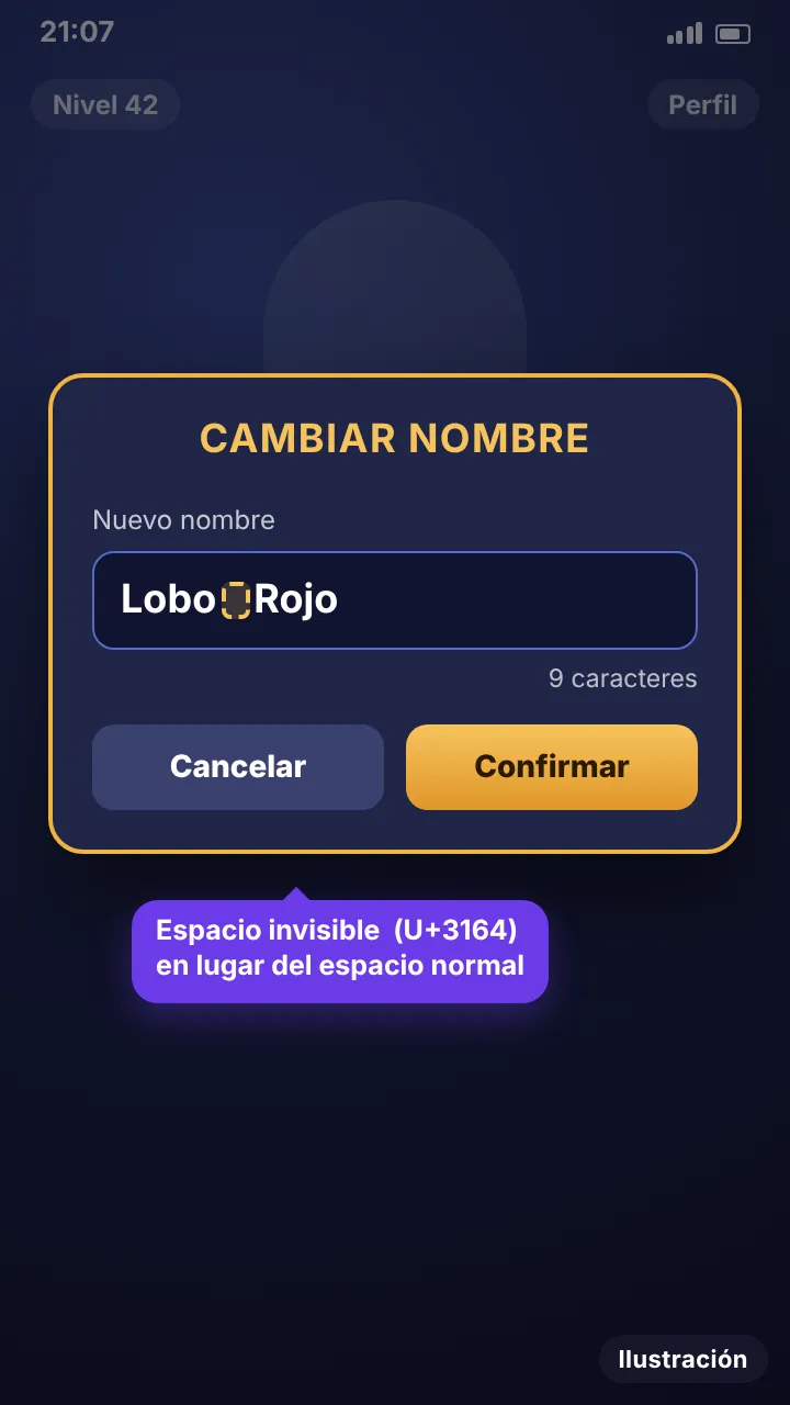 Ilustración de un cuadro para cambiar el nombre en un juego móvil con el nombre Lobo Rojo separado por el espacio invisible U+3164