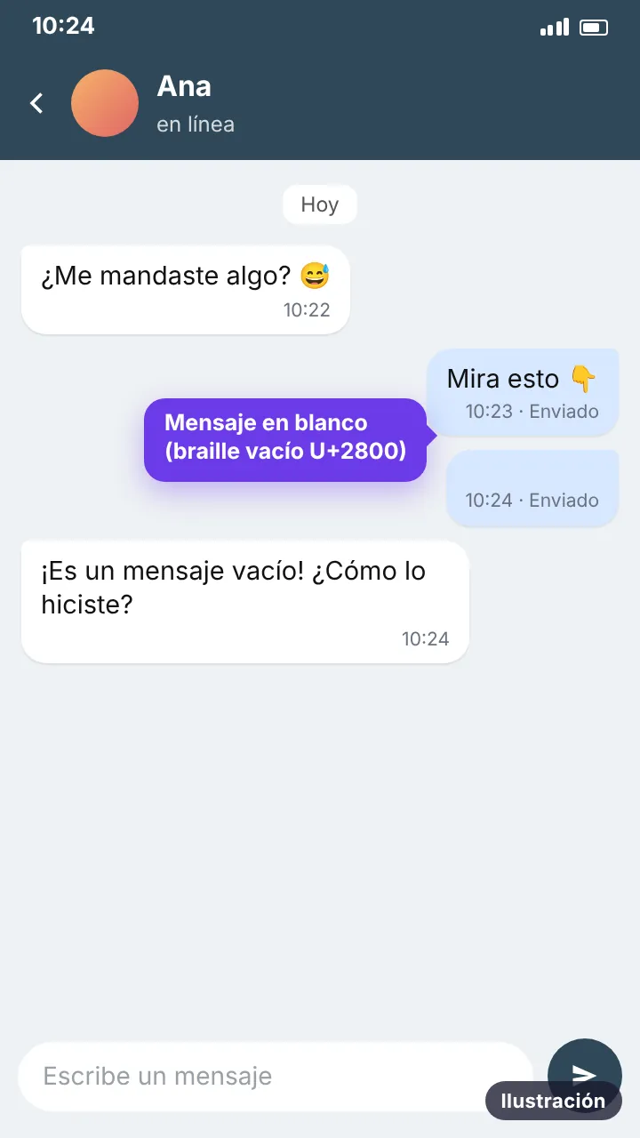 Ilustración de una conversación en el móvil donde se envía un mensaje en blanco hecho con el carácter braille vacío U+2800